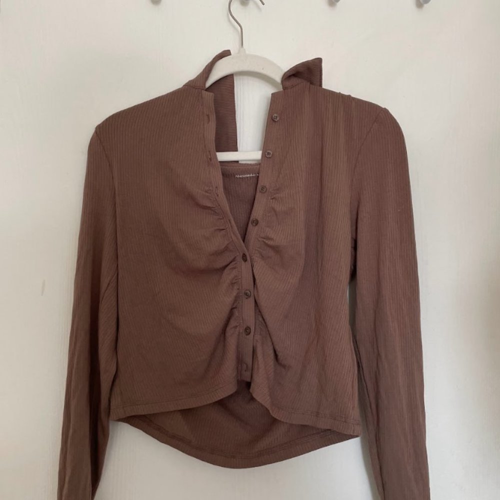Abercrombie Long-Sleeve Ruched Polo Top - taupe brown